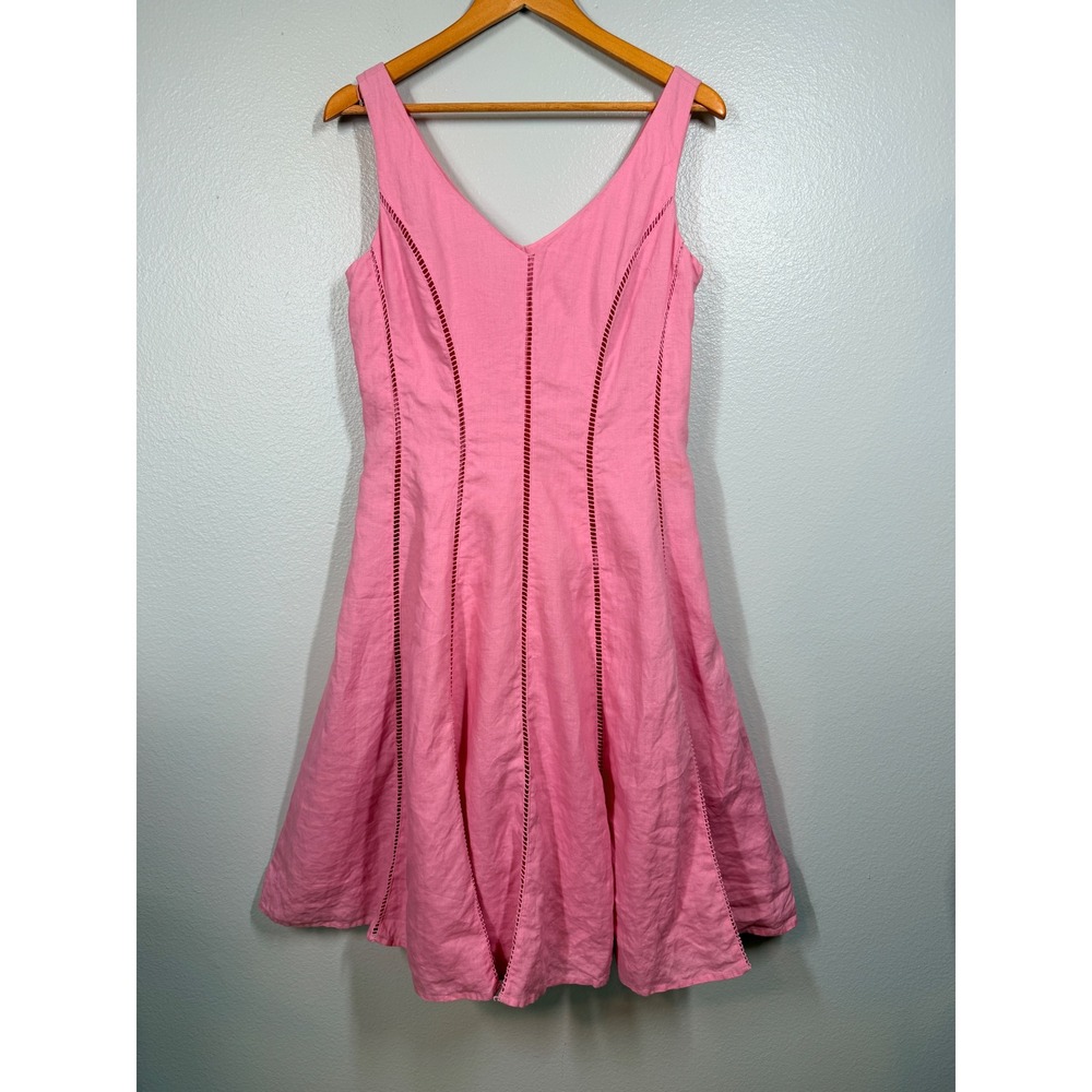 Jones New York Sundress Women's 8 Pink 100% Linen Fit & Flare Ladder Stitch